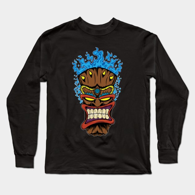 Tiki Mask with Blue Fire Long Sleeve T-Shirt by Designs by Darrin